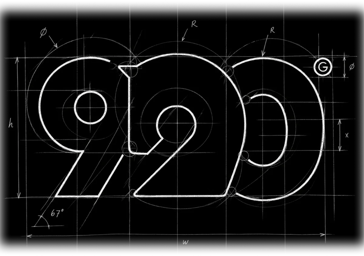 Bozza tecnica del logo Novanta: le cifre 9, 2 e 0 costruite con linee guida, cerchi e quote, su sfondo nero.